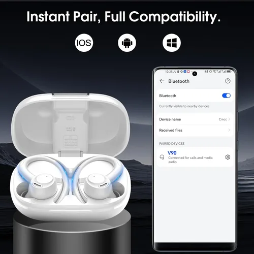 Vista 7 de Auriculares deportivos inalámbricos con gancho para la oreja, 48H Deep Bass/ENC Mic Ear Buds White Wireless Earphone with LED Display, Bluetooth