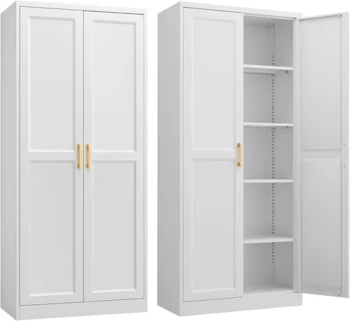 Vista 12 de SteeLoong - Armario de despensa de cocina, armario de almacenamiento de metal negro de 71" con puertas y 4 estantes ajustables, gabinete de cocina