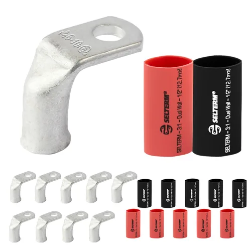 Vista 157 de SELTERM 10 piezas - 1/0 AWG 1/2" pasador - lengüetas de batería dobladas a 90° - conectores de terminal de anillo con 12 piezas de tubo Tapones