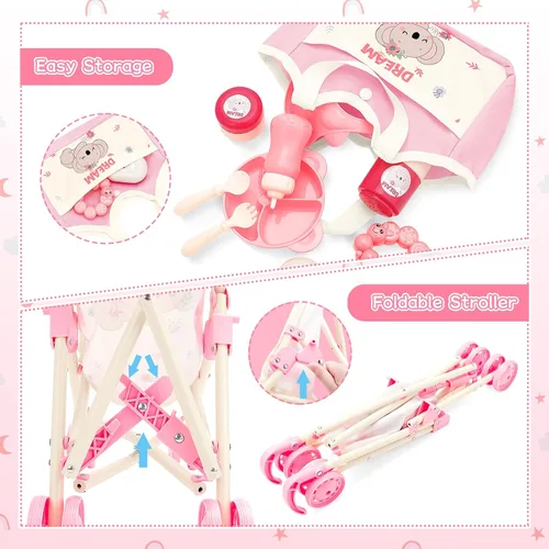 Vista 3 de deAO Juguetes de Cochecito de Muñeca Bebé con Muñeca Bebé de 12" Accesorios Cama de Cuna Silla Alta Conjunto de Juego de Roles de Guardería Tapete