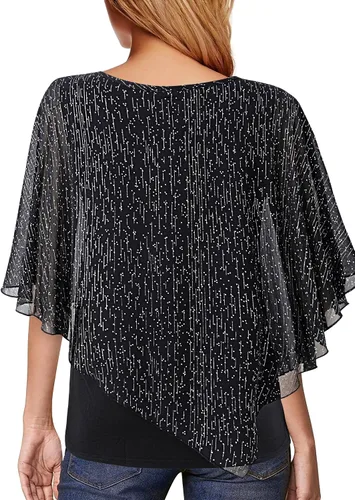 Vista 4 de Lotusmile Blusas elegantes de gasa tipo poncho para mujer 25 impresiones punto negro