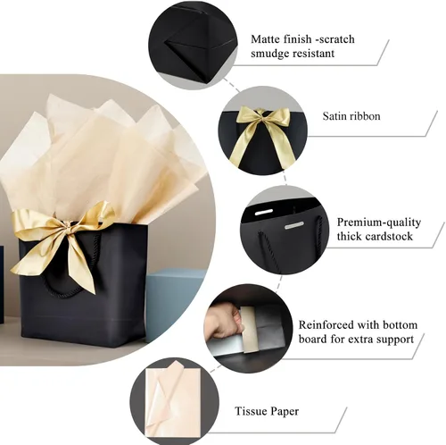 Vista 3 de Aosric Paquete de 12 bolsas de regalo negras con cinta de lazo, 7.48 x 3.54 x 7.9 pulgadas, elegante bolsa de regalo de cartulina pequeña con asas