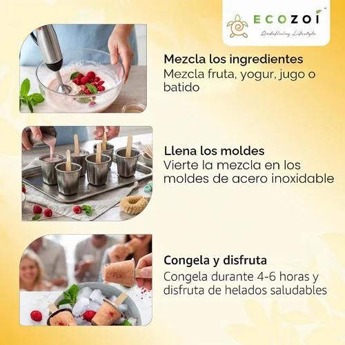 Vista 5 de Moldes y estante de acero inoxidable para paletas – 6 mini máquinas redondas de paletas de hielo + 30 palos de bambú reutilizables + 12 sellos