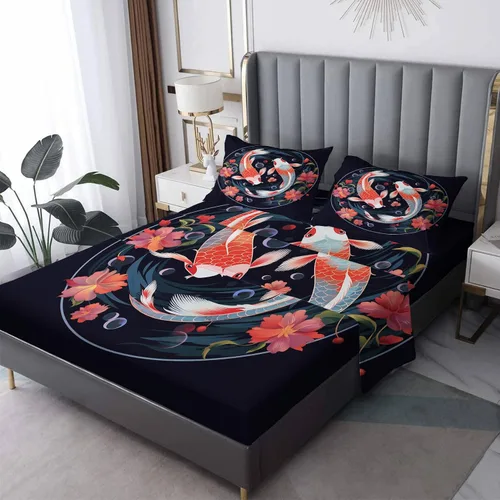 Vista 8 de Juego de sábanas de tamaño individual – Sábanas de cama de pez Koi japonés, sábanas y fundas de almohada, sábanas y fundas de almohada, microfibra