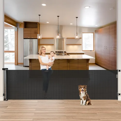 Vista 18 de Puertas retráctiles para bebés para puertas, puerta retráctil para perros de 55 pulgadas de ancho para escaleras, puertas de malla para perros