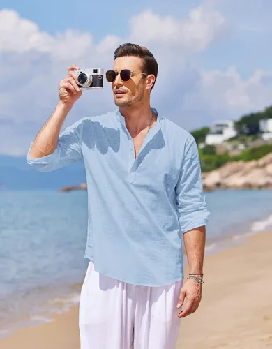 Vista 3 de COOFANDY - Camisa de lino y algodón con cuello Henley, de manga larga, estilo hippie, informal, camisetas de playa