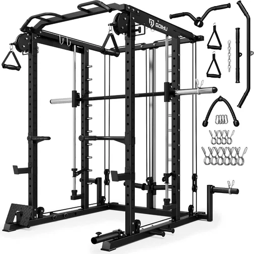 Vista 19 de Máquina S1-V4 Smith, jaula de potencia de 2000 libras con sistema de cruce de cables, estante de sentadillas todo en uno con barra Smith