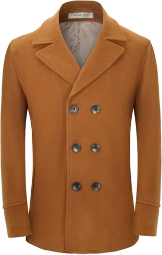 Vista 4 de VICALLED Abrigo de invierno de doble botonadura con cinturón para hombre chaqueta cálida de lana para exteriores