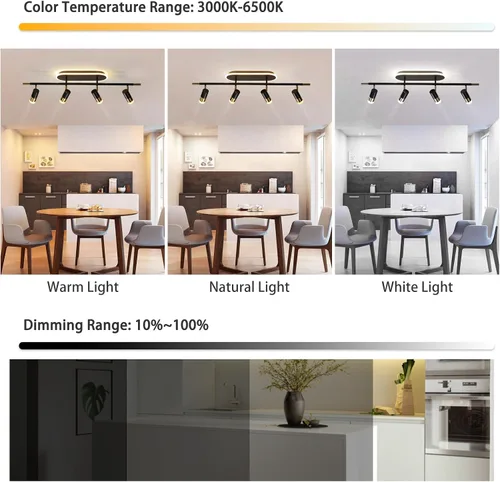 Vista 3 de Jaycomey Lámpara LED de 4 luces con control remoto, focos de luz de techo regulables de 41 W, ajustable de 3000 K-6500 K, moderna lámpara de techo