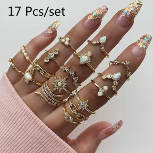 Vista 3 de Rrdaily Juego de 17 anillos apilables vintage para nudillos para mujer, delicados anillos de diamante para dedos, accesorios de joyería de verano