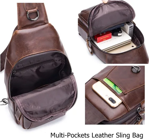 Vista 4 de BULLCAPTAIN Bolso bandolera de cuero para hombre, multibolsillo, bolso cruzado en el pecho, mochila de viaje, casual, para hombro