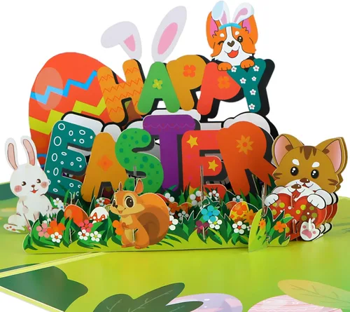 Vista 10 de D4DREAM Tarjeta desplegable de Pascua con sobre, 6 x 8 pulgadas, cesta de huevos de Pascua 3D, tarjeta de felicitación de conejo, ramo de flores