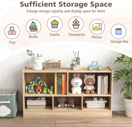 Vista 22 de MEDIMALL Organizador de almacenamiento de juguetes para niños de 5 cubos, estante de almacenamiento de madera de 2 niveles para libros y juguetes