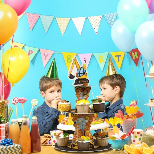 Vista 5 de Tiamon Decoraciones de cumpleaños de construcción de 3 niveles con tema de construcción, soporte para cupcakes, camión volquete de cartón, soporte