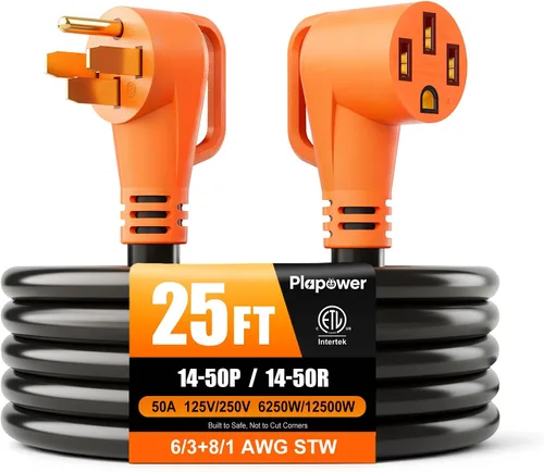 Vista 11 de Cable de extensión RV de 25 pies, 50 amperios, NEMA 14-50P a 14-50R 2-Negro naranja