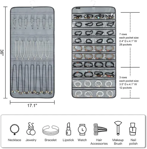 Vista 2 de Organizador de joyas colgante de doble cara con 40 bolsillos y 20 bucles de gancho, organizador de joyas para aretes, pulseras, anillos con colgador