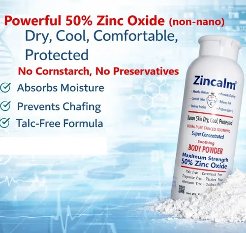 Vista 6 de Zincalm - Polvo totalmente natural para cuerpo y pies, concentrado 50% de zinc, sin almidón de maíz, absorción de humedad, antirozaduras, fricción