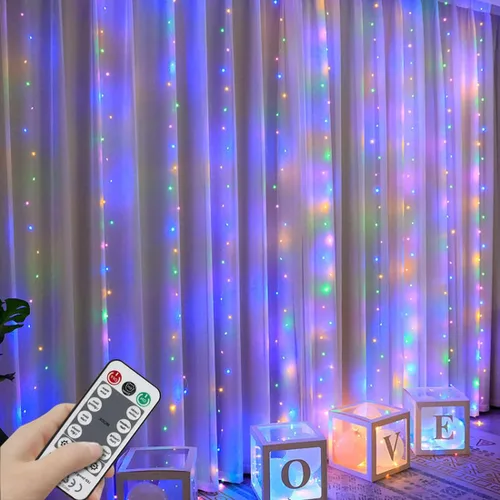 Vista 4 de YEOLEH Guirnalda de luces de cortina, luces de cortina de alambre de cobre impermeables con control, 8 modos de luces USB enchufables, buenas