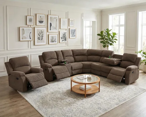 Vista 8 de Juego de sofá seccional reclinable manual, juegos de muebles de sala de estar de cuero regenerado en forma de L, sofá de esquina seccional