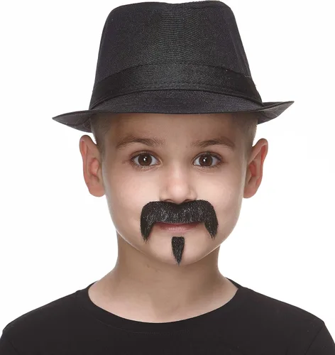 Vista 2 de Mustaches Bigote y barba falsos de Zappa autoadhesivos para niños, novedoso, pequeño pelo facial falso, accesorio de disfraz para niños, color negro