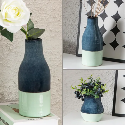 Vista 8 de Juego de 3 jarrones de cerámica azul y verde para decoración del hogar, jarrones de arcilla decorativos de dos tonos para flores secas, hierba