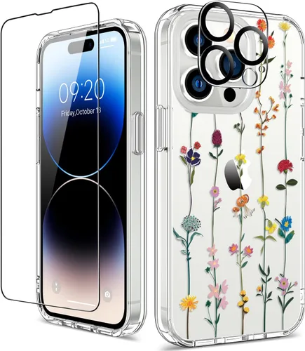 Vista 40 de Funda para iPhone 14 Pro con protector de pantalla, 6.1 pulgadas, transparente de cuerpo completo, a prueba de golpes, diseño floral, para niñas