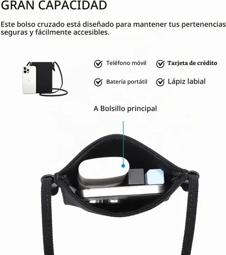 Vista 4 de Bolso cruzado pequeño para mujer, mini bolso cruzado de lona de algodón Negro