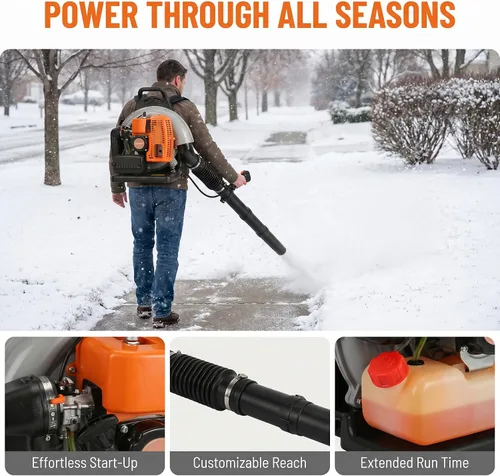 Vista 7 de Soplador de hojas de mochila, soplador de hojas de gas con motor de 2 tiempos 63CC, soplador de hojas de 6800 RPM 665 CFM, soplador de hojas a gas