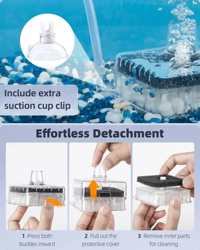 Vista 5 de Pawfly Filtro de esponja para acuario, filtro de tanque de peces pequeño con espuma y piedra de aire, filtro de esponja para peceras de hasta 5