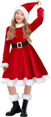 Vista 5 de Koatobbor Disfraz de señora Santa para niñas, vestido rojo, disfraz de Navidad con sombrero y cinturón