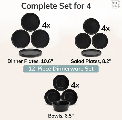 Vista 6 de Juego de vajilla de gres para 4 personas 12 piezas – Juego de platos y cuencos negros mate – Apto para lavavajillas, microondas y resistente a