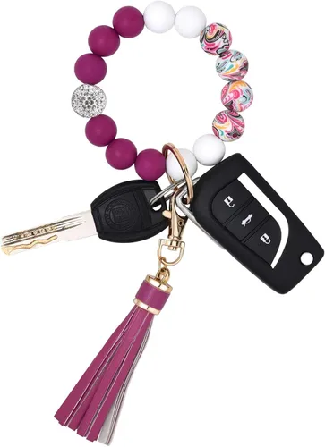 Vista 12 de BAOSIWA Pulsera de cuentas de silicona, llavero de pulsera, cadena para mujer, con borla de cuero Negro