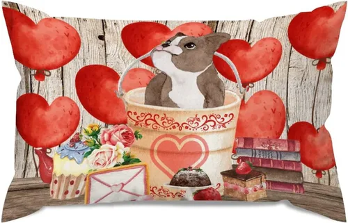 Vista 62 de Fundas de almohada lumbar con textura de madera rústica para perro en cubo, diseño de corazón rojo para el día de San Valentín, fundas de almohada