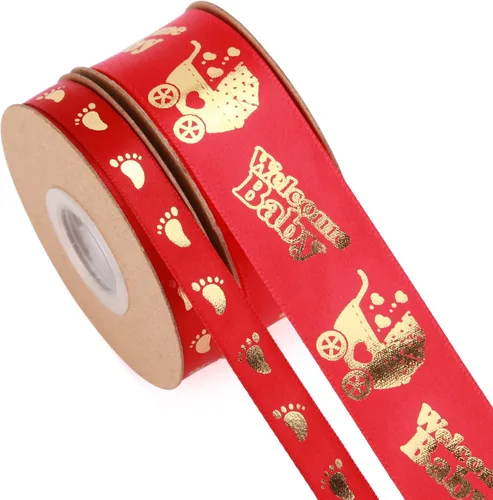Vista 9 de Meseey 2 rollos en total de 20 yardas de cinta de bienvenida para bebé, cintas negras y doradas con estampado de pies para manualidades, pasteles
