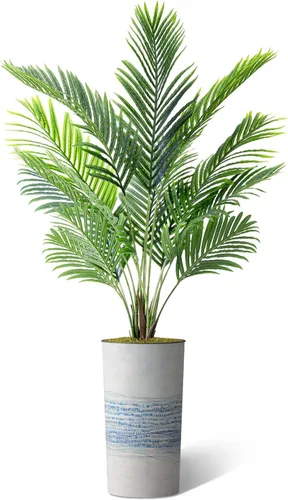 Vista 2 de Árbol artificial en macetero con patrón de línea industrial gris azul, palmera tropical areca artificial de seda para decoración del hogar