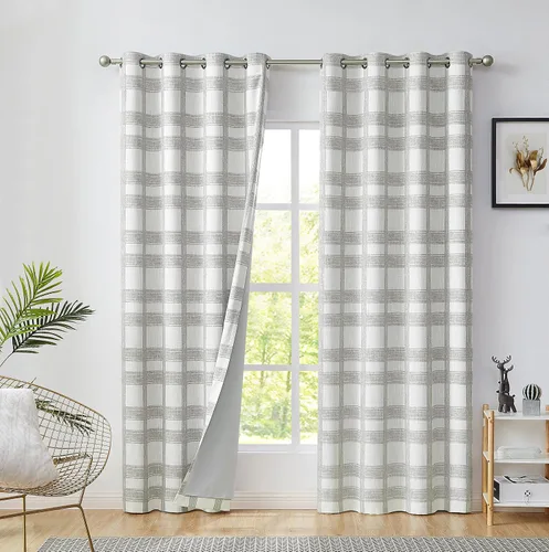 Vista 12 de Central Park Cortina opaca a cuadros blancos y grises para ventana, panel geométrico para dormitorio, sala de estar, con ojales en la parte Gris