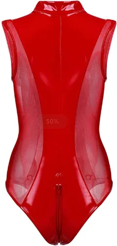 Vista 6 de Lencería sexy de cuero para mujer, con cremallera en la entrepierna, leotardo, overol ajustado de una pieza, babydoll de peluche para sexo y juego