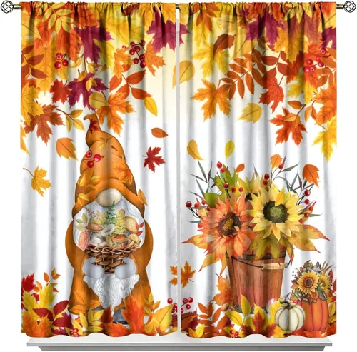 Vista 17 de Cortinas de calabaza de animales, lindos dibujos animados de animales del bosque, hojas de otoño y hongos, estampado de hojas y hongos, tratamientos