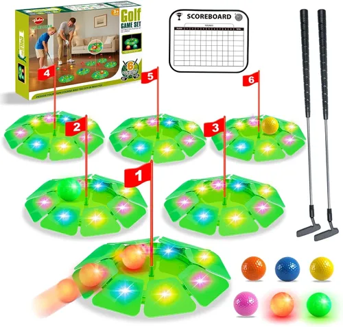 Vista 10 de VATOS Juego de juguetes de golf para niños, juego de golf iluminado con tapete de putting de 6.5 pies, putter de golf, 3 agujeros, 4 bolas