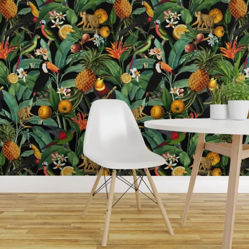 Vista 3 de Muestro de papel tapiz extraíble – Naturaleza Botánico Tropical Tucanes Monos Loros Papel pintado personalizado pre-pegado por Spoonflower