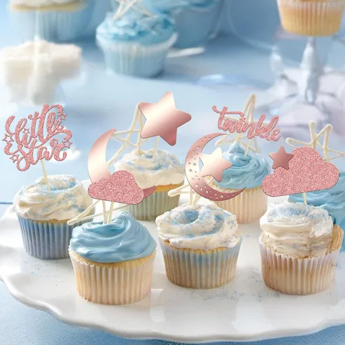 Vista 4 de Gyufise 24 piezas de decoración de cupcakes con purpurina de luna, nube, decoración de tartas de estrellas parpadeantes, baby shower, niños, Oro