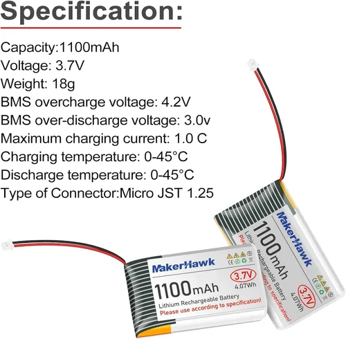 Vista 3 de MakerHawk Batería LiPo de 3.7 V 1100 mAh recargable 1S 102540 Batería de polímero de litio con placa de protección cinta de goma aislada, enchufe