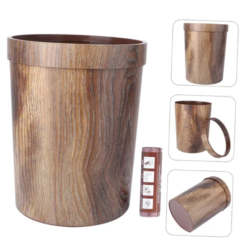 Vista 3 de Mobestech Bote de basura de polipropileno marrón de 13 galones con diseño de grano de madera