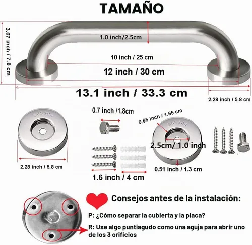 Vista 2 de Paquete de 2 barras de agarre para ducha de 12 pulgadas, mango de acero inoxidable satinado de níquel cepillado para baño, barra de equilibrio