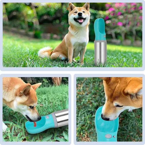 Vista 7 de Botella de agua portátil para perros, 14 onzas, dispensador de agua de acero inoxidable a prueba de fugas para cachorros con alimentador