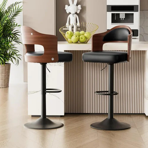 Vista 8 de Juego de 2 taburetes de bar giratorios, taburetes de bar de madera tapizados en cuero PU con respaldo y reposapiés, asiento de altura ajustable