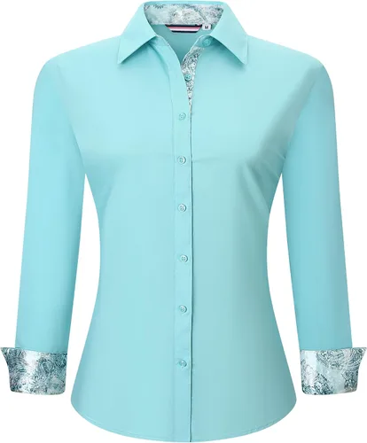Vista 14 de WARHORSEE Blusas de vestir de manga larga con botones de algodón para mujer, blusas de trabajo elegantes de fácil cuidado, blusas casuales