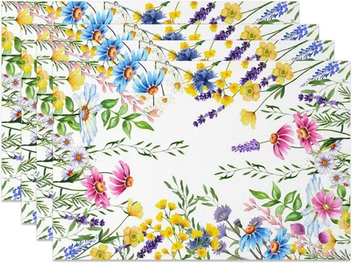 Vista 9 de Juego de 6 manteles individuales vintage con flores silvestres de 12 x 18 pulgadas, manteles individuales de tela de lino con plantas de jardín