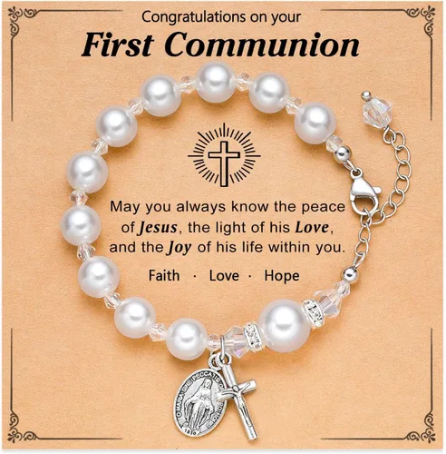 Vista 8 de UNGENT THEM Pulsera de perlas con cruz de rosario, bautismo, comunión, confirmación católica, regalos de Pascua para niñas, nieta, hija, sobrina