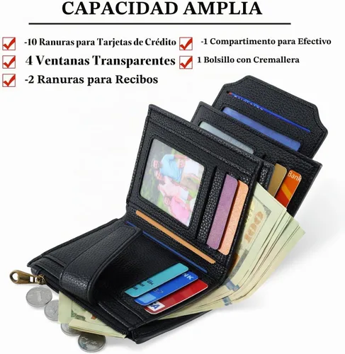 Vista 2 de Carteras de cuero para mujer con bloqueo RFID, billetera delgada, plegable, tarjetero con cremallera, bolsillo para monedas, ventana para A-Negro